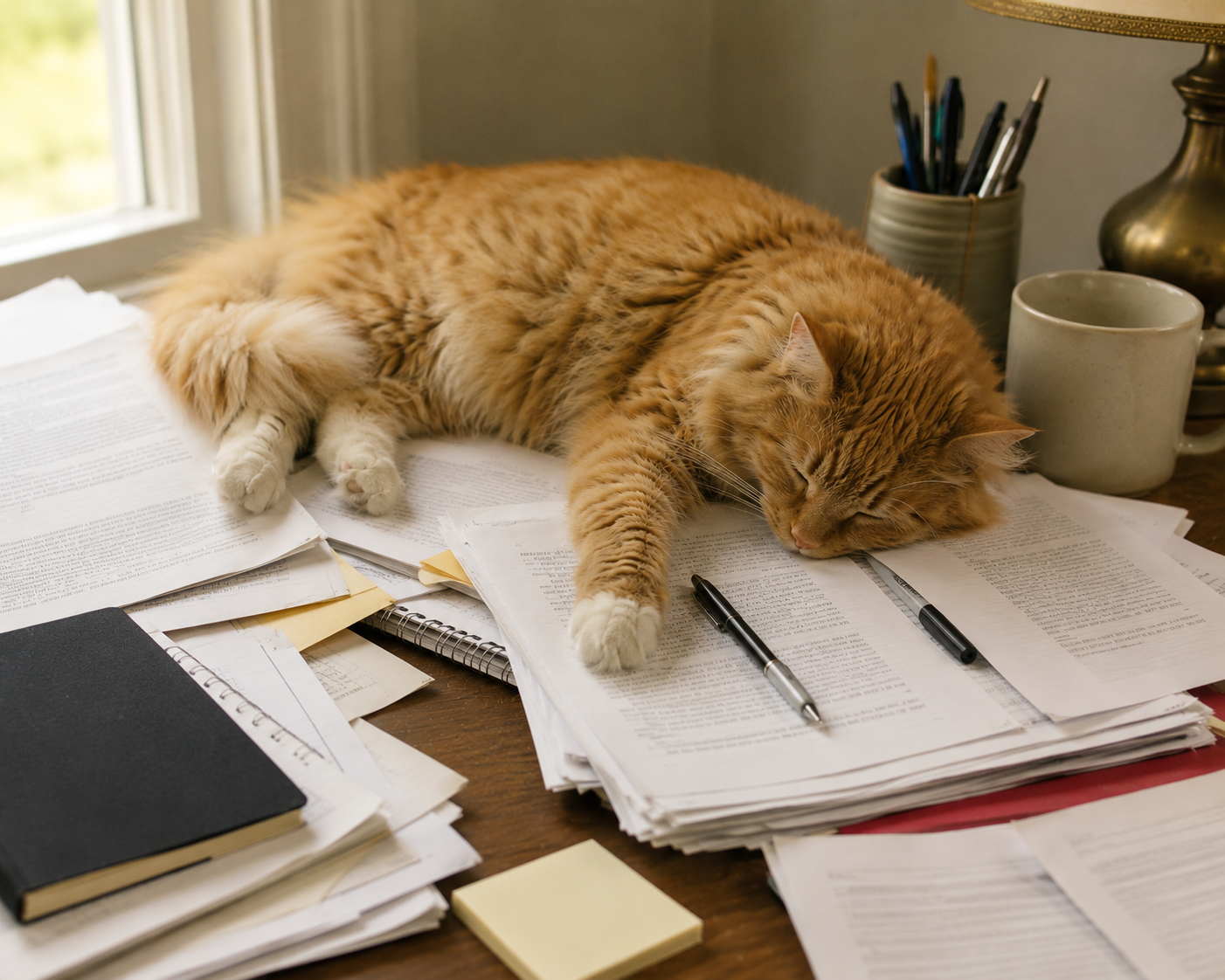 Chester the cat asleep on Karen's desk